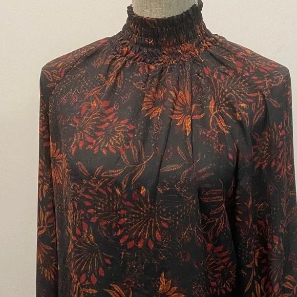 H&M Black & Orange Floral Long Sleeve Blouse Women’s Size 6 Boho Fall Top - Picture 8 of 12